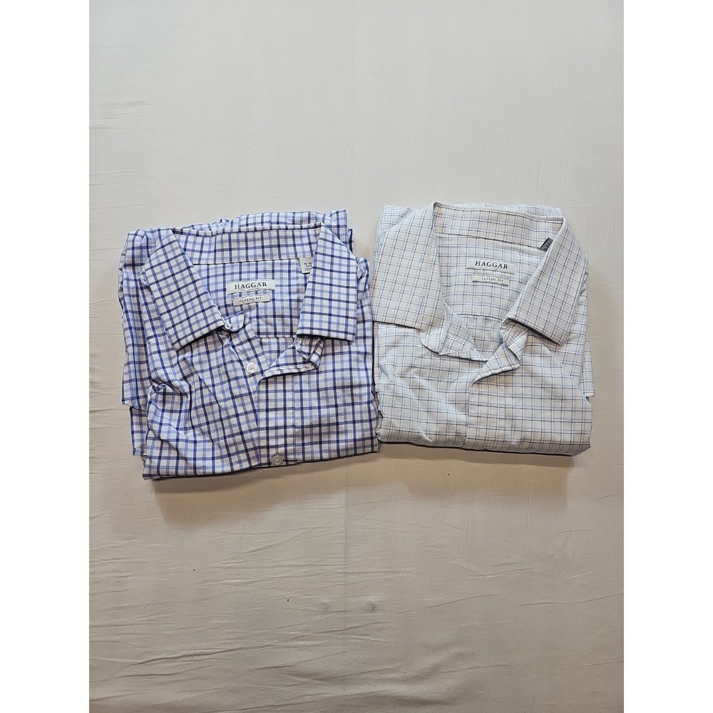 2-Haggar Classic Fit Shirt Mens Size 16 - 16 1/2 32/33 White/Blue Check Longsl..